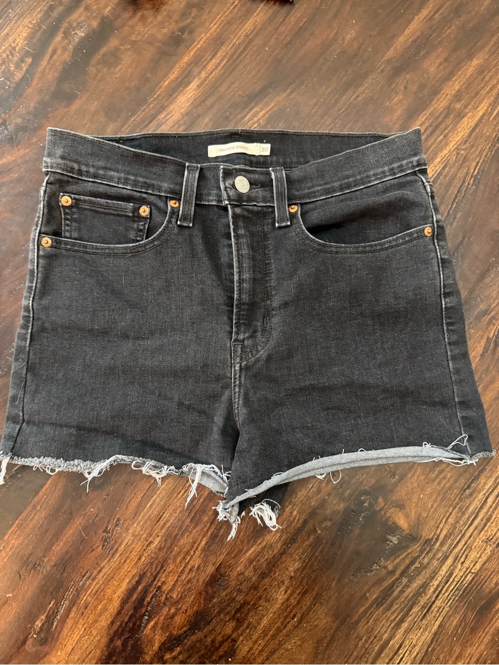 Levi's High Rise Black Denim Cutoff Shorts with Frayed Hem Size 30 Inseam 2”